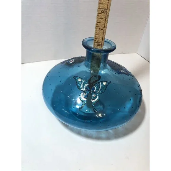 Beautiful Aqua Blue Glass fat vase with butterflies 9.5" Dia. Teal Blue Green - Picture 6 of 8